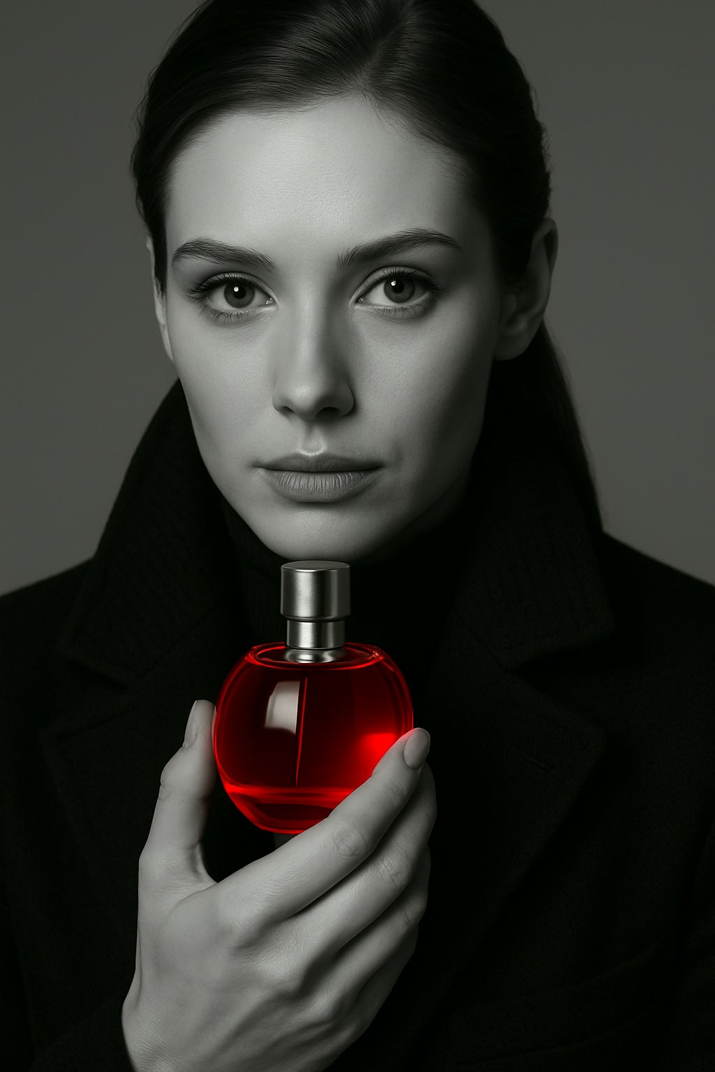 Woman holding a red perfume bottle against a dark background